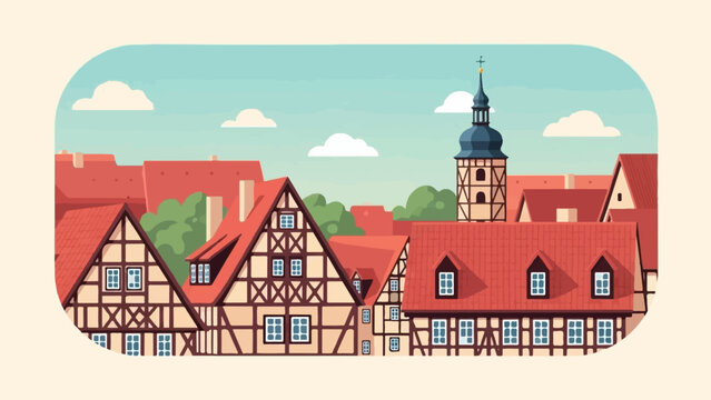 Colorful flat illustration of a European town with half-timbered houses and a steeple