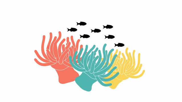 Colorful sea anemones sway with a school of tiny fish above