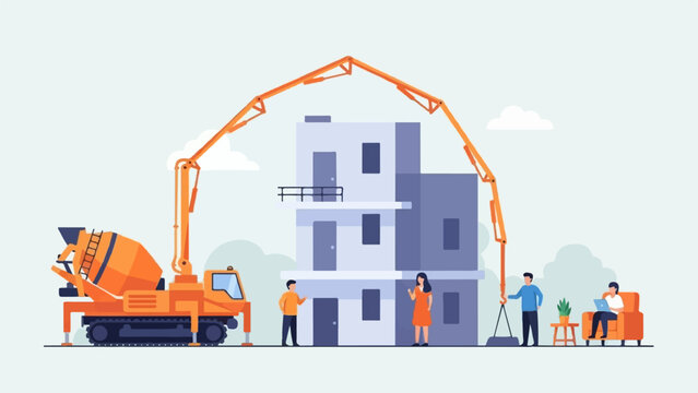 Construction scene with concrete mixer, building, and people overseeing work