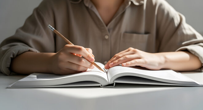 Close-up of a person writing notes in an open textbook with a wo