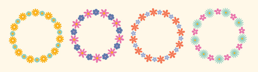 set of groovy floral circle frames in a simple minimalist 