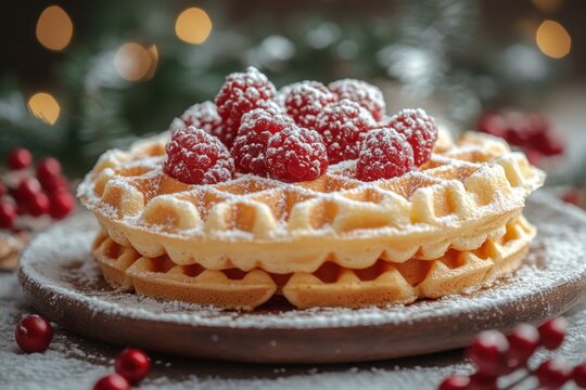 Plate with waa covered in powder, topped with raspberry.