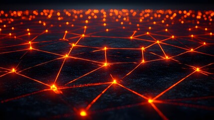 Glowing interconnected nodes form a complex digital network structure across a dark surface.