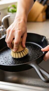 Person cleans black heavy cooking implement with natural bristle brush over kitchen basin