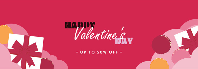 プレゼントボックスとマカロンで飾られたハッピーバレンタインの広告バナー背景テンプレート（ピンク）　Happy Valentine's Day ad banner background template decorated with gift boxes and macarons (pink)