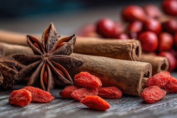 Close-up of star anise, cinnamon sticks, and red berries on a rustic wooden surface