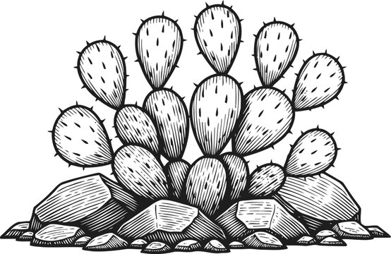 Prickly pear cactus black and white ink drawing desert plant with rocks and spines illustration