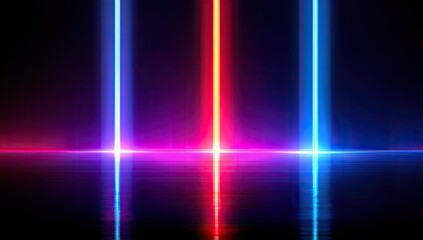 Glowing vertical laser beams in red, blue, and yellow with horizontal reflections against black backdrop