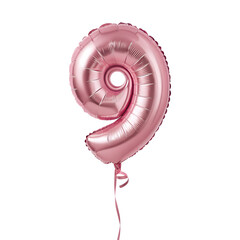 Pink Foil Number 9 Balloon Isolated on White Background PNG