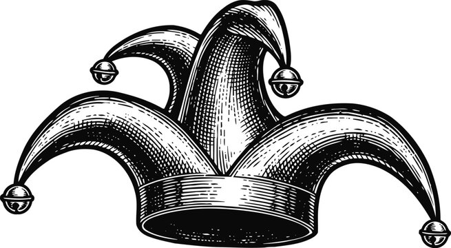 Vintage jester hat with bells illustration in detailed black and white engraving
