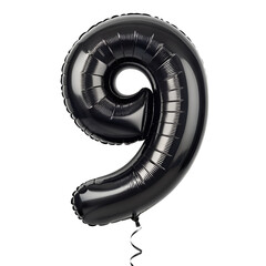 Black Foil Number 9 Balloon Isolated on White Background PNG
