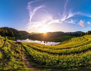 Panoramic sunset over lake, rolling hills, and lush green fields