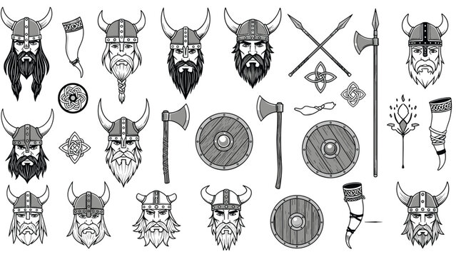 Detailed line art set of viking warrior heads with various helmets, weapons, shields, and drinking horns in a black and white style.