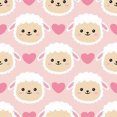 Obraz premium Kawaii Fluffy White Sheep Face Seamless Pattern with Hearts for Baby Nursery