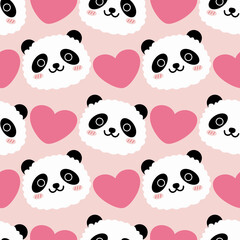 Kawaii Panda Face Print Seamless Pattern with Scattered Hearts for Kids Textile © Ayesha