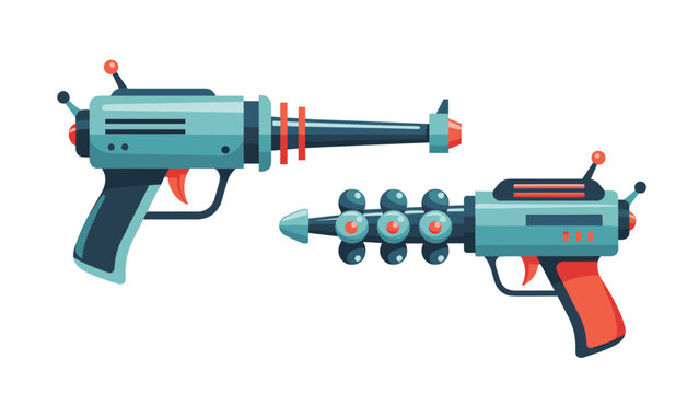 Pair of futuristic ray gun blasters with retro science fiction designs featuring glowing blue bodies and red atomic accents.