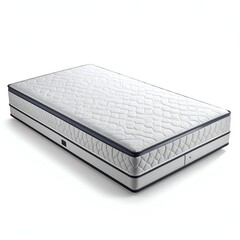 A new, rectangular mattress with quilted top and dark blue trim