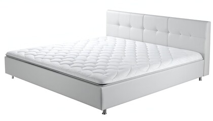 A modern white bed frame with a button-tufted headboard and mattress