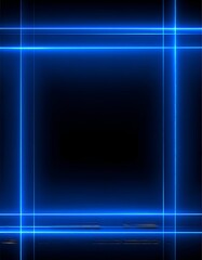 Neon blue lines frame a dark space, reflecting a light below