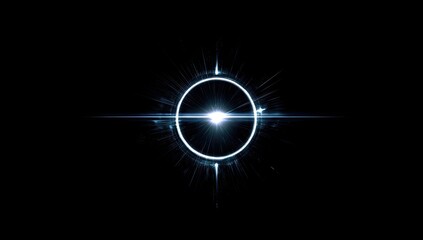A brilliant, glowing circle with radiating lines against a stark black background