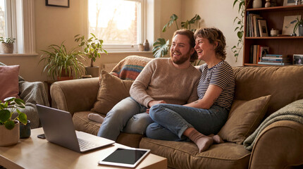 Obraz premium Happy couple relaxes on sofa together. Couple laughs during laptop movie night, couple bonding for valentinesday datenight, anniversary celebration, warm living room plants, cozy home concept