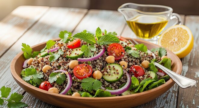Vibrant quinoa salad packed with fresh vegetables chickpeas and herbs drizzled with olive oil and lemon perfect