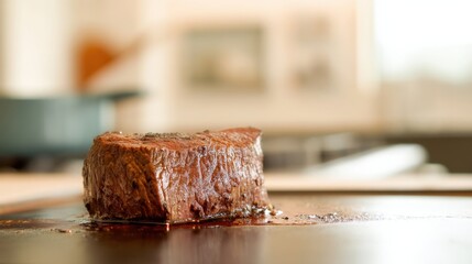 Coffee-glazed beef loin with dark roasted shine bittersweet aroma and deep crust on a modern kitchen surface. Generative AI