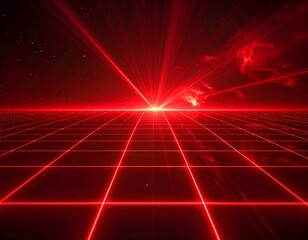 Red gridscape with a bright light burst and cosmic nebula