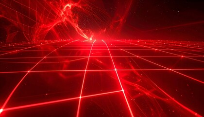 Abstract grid in red with swirling energy above, in space