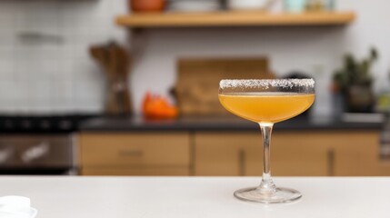 Sidecar cocktail with cognac in a chilled coupe glass citrus flavor and sugar rim on a modern kitchen background. Generative AI