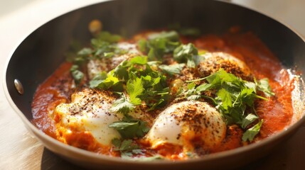 Poached eggs in tomato pepper sauce with coriander on top. Generative AI