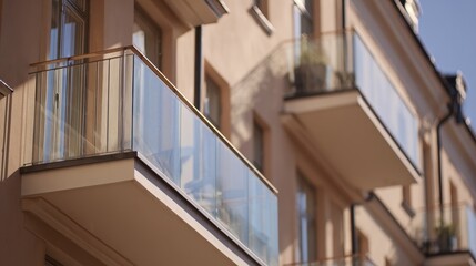 Fototapeta premium Building balconies with glass railings in a city area during bright daylight