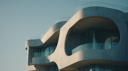 Obraz premium Modern building with unique design and glass balconies in urban setting during bright daylight hours