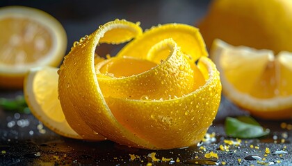 A curled lemon peel center stage with sliced lemons, water drops, and green accents