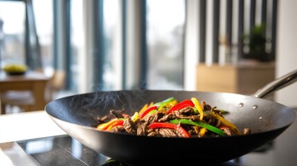 Beef Stir Fry with Bell Peppers in a Wok Aromatic and Colorful. Generative AI