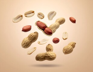 Peanuts in various forms float against a tan background