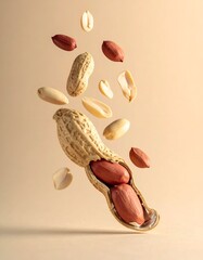 Floating peanuts, shell cracked open, against a beige background