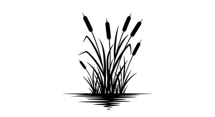 Black Silhouette of Cattails on Water.