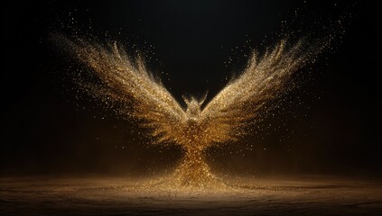Bird-like figure formed of shimmering particles against a dark backdrop