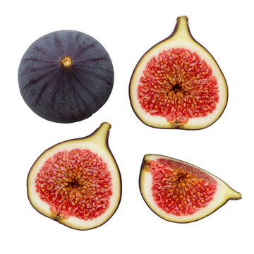 Four common figs: two whole, one halved showing reddish pulp, seeds, and one quartered, artfully arranged on pristine transparent, flat lay macro, no shadows, ultra-realistic UHD, concept of fresh