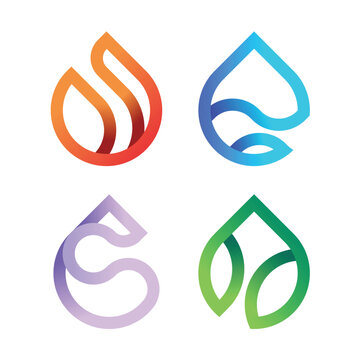 Four nature basic elements fire water wind and earth symbols with line teardrop shape minimal and gradient tone style vector design