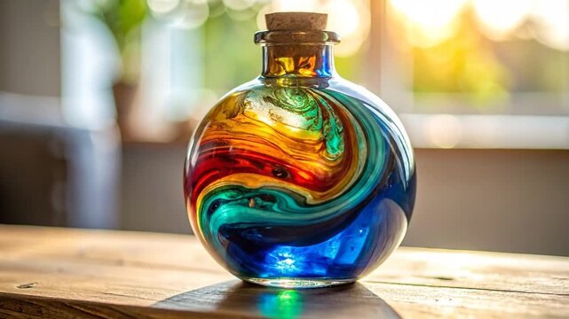 A clear glass bottle with a cork stopper containing swirled and vibrant colors, on a wooden surface