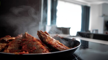 Spicy Mullet Fish in Adjika Sauce Roasted and Steaming Fresh. Generative AI