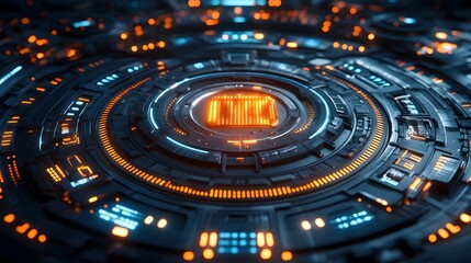Intricate futuristic circular mechanism displays glowing orange and blue digital indicators