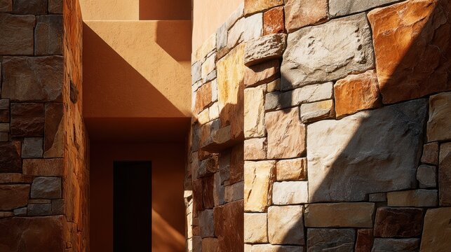 Exploring stone walls in a narrow passage during the afternoon light in a warm climate area