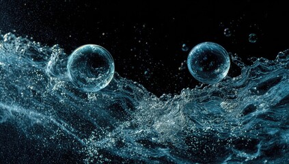 Two transparent orbs suspended above splashing water against a black backdrop, with tiny bubbles