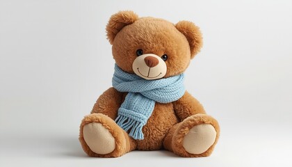 Obraz premium A brown teddy bear wearing a blue scarf sits on a white background, looking adorable and cuddly.