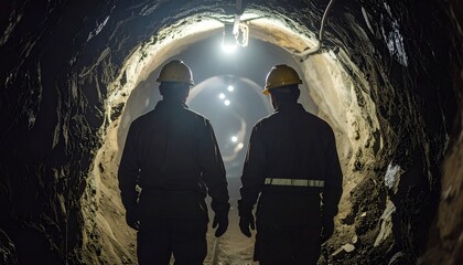 Two workers in safety gear walking into a long, dimly lit tunnel