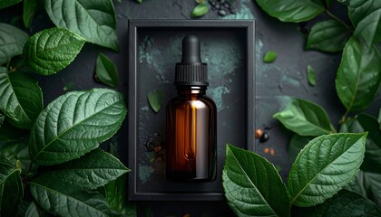 Amber bottle with dropper inside dark frame surrounded by vibrant green leaves