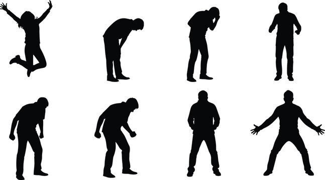 Human silhouettes, expressive poses, emotional gestures, body language, standing figure, jumping person, crouching stance, open arms, posture icons, vector illustration
